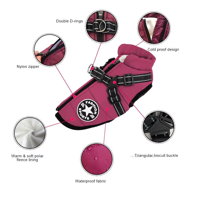 Winter Waterproof Dog Jacket with Built-In Harness